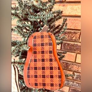 *Layered Wood Buffalo Plaid Pumpkin Ornament, Orange and Black